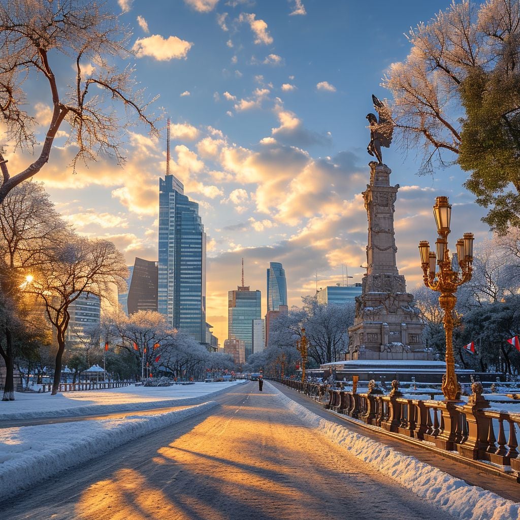 Un cautivador juego de luces y sombras mientras las luces urbanas se reflejan en las fachadas heladas del Paseo de la Reforma, convirtiendo el entorno urbano en un cautivador espectáculo helado.
