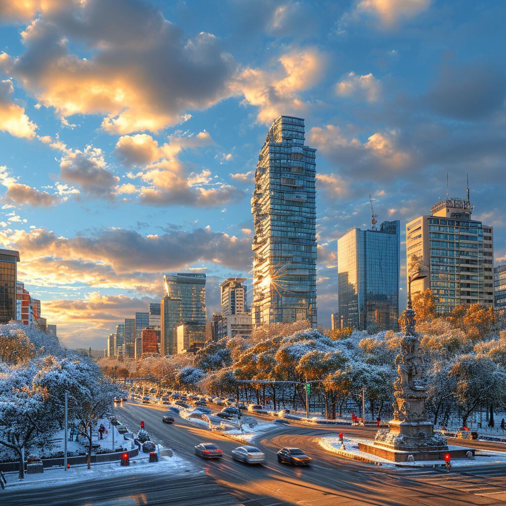 Se desarrolla una escena cinematográfica mientras la luz de la luna ilumina tejados y rascacielos nevados, proyectando un brillo etéreo sobre el paisaje urbano helado.