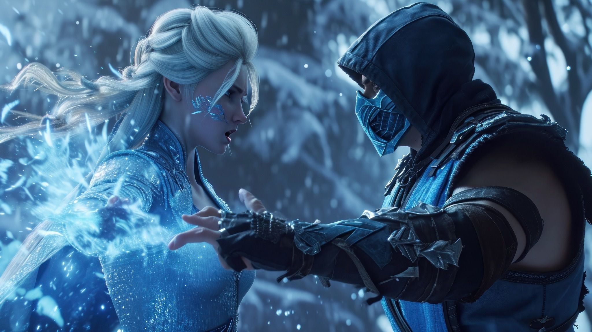 Captura de pantalla en Blu-ray 32k una escena de imagen Elsa de Frozen peleando con Sub-zero de Mortal Kombat Unreal Engine 5 --ar 16:9 --v 6 Job ID: 4ed73219-db1d-487b-97f1-b9f6e06b596c