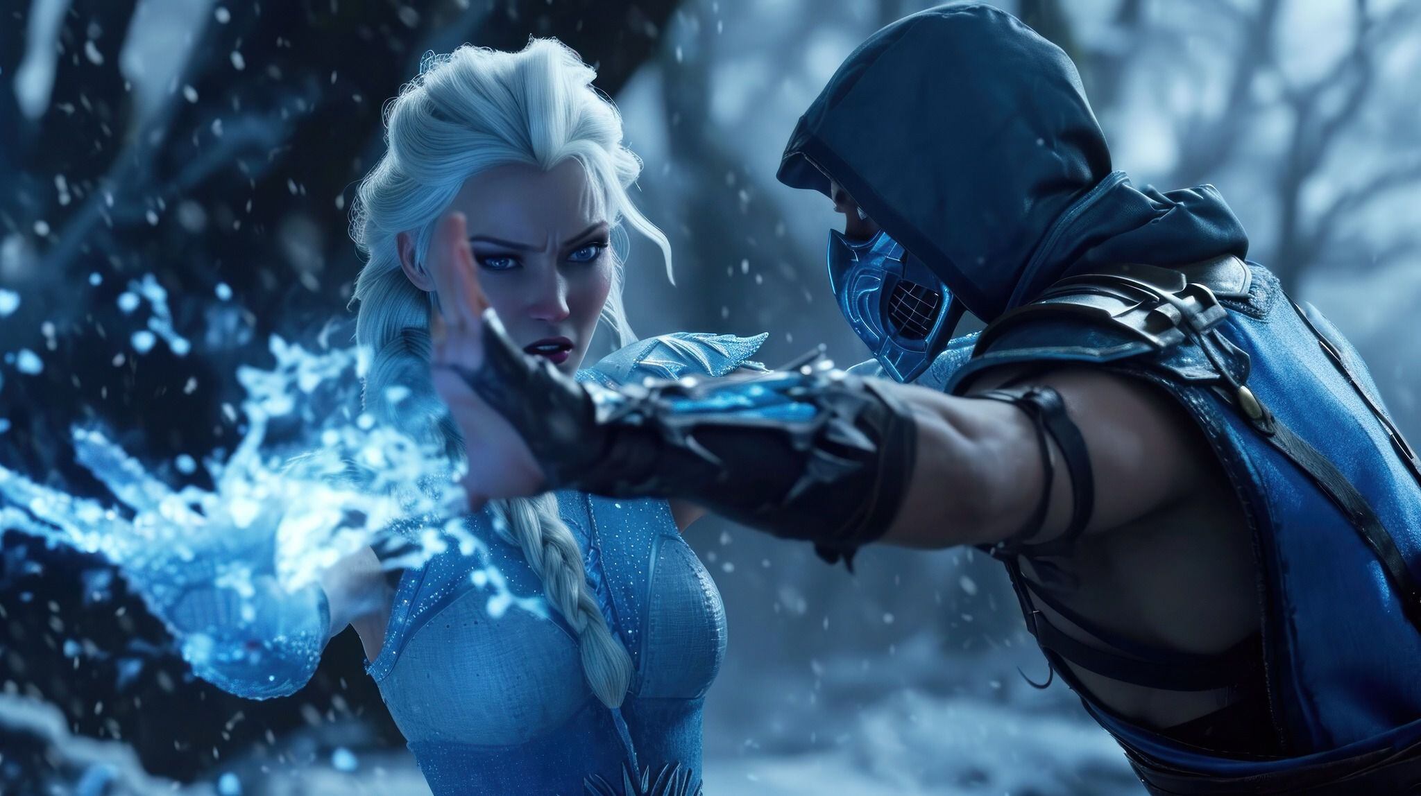 Captura de pantalla en Blu-ray 32k una escena de imagen Elsa de Frozen peleando con Sub-zero de Mortal Kombat Unreal Engine 5 --ar 16:9 --v 6 Job ID: 8467ebad-7fba-4d58-9409-d60f2d370c1a