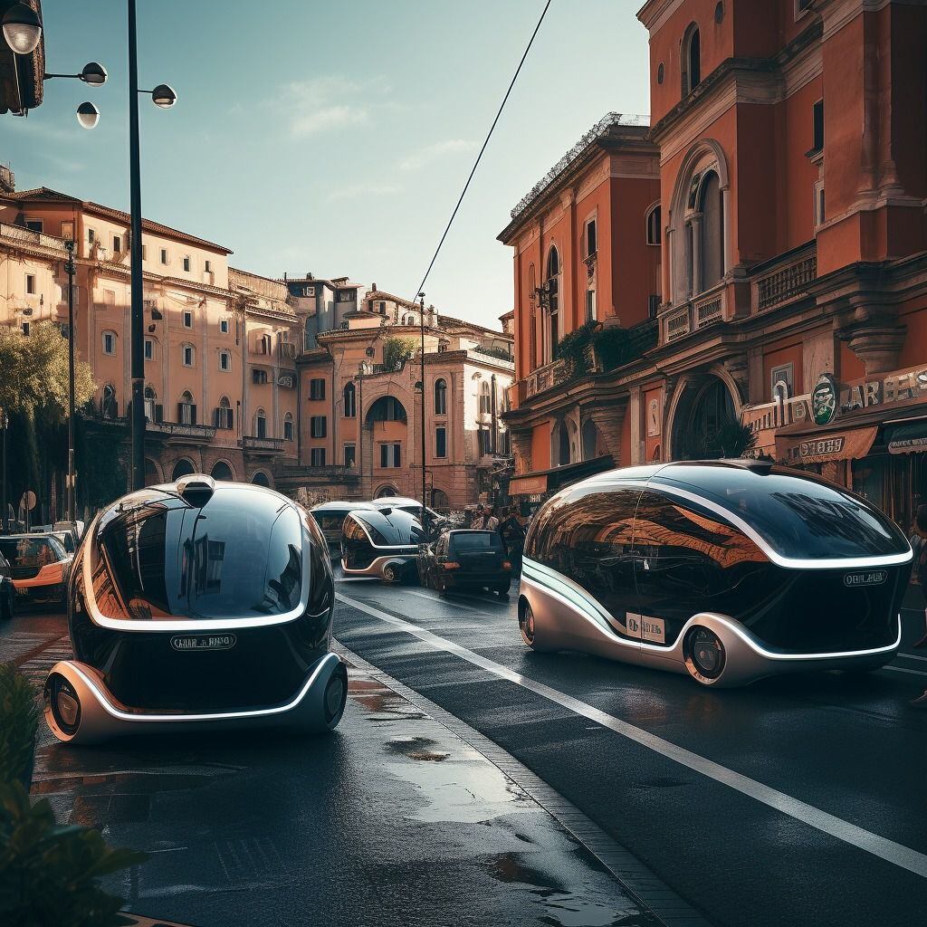 Vehículos futuristas del año 2050 de Roma, Italia.