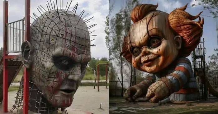 Pinhead y Chucky como cabezas gigantes en un parque de diversiones