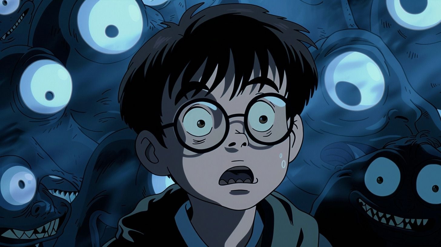 Harry asustado en estilo anime