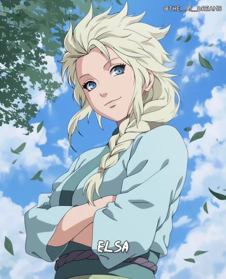 Elsa en estilo de Naruto según una IA