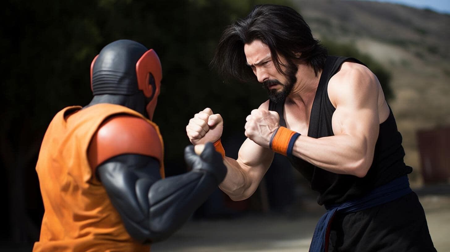 En la batalla, Reeves se enfrenta a un poderoso rival al estilo de Dragon Ball.