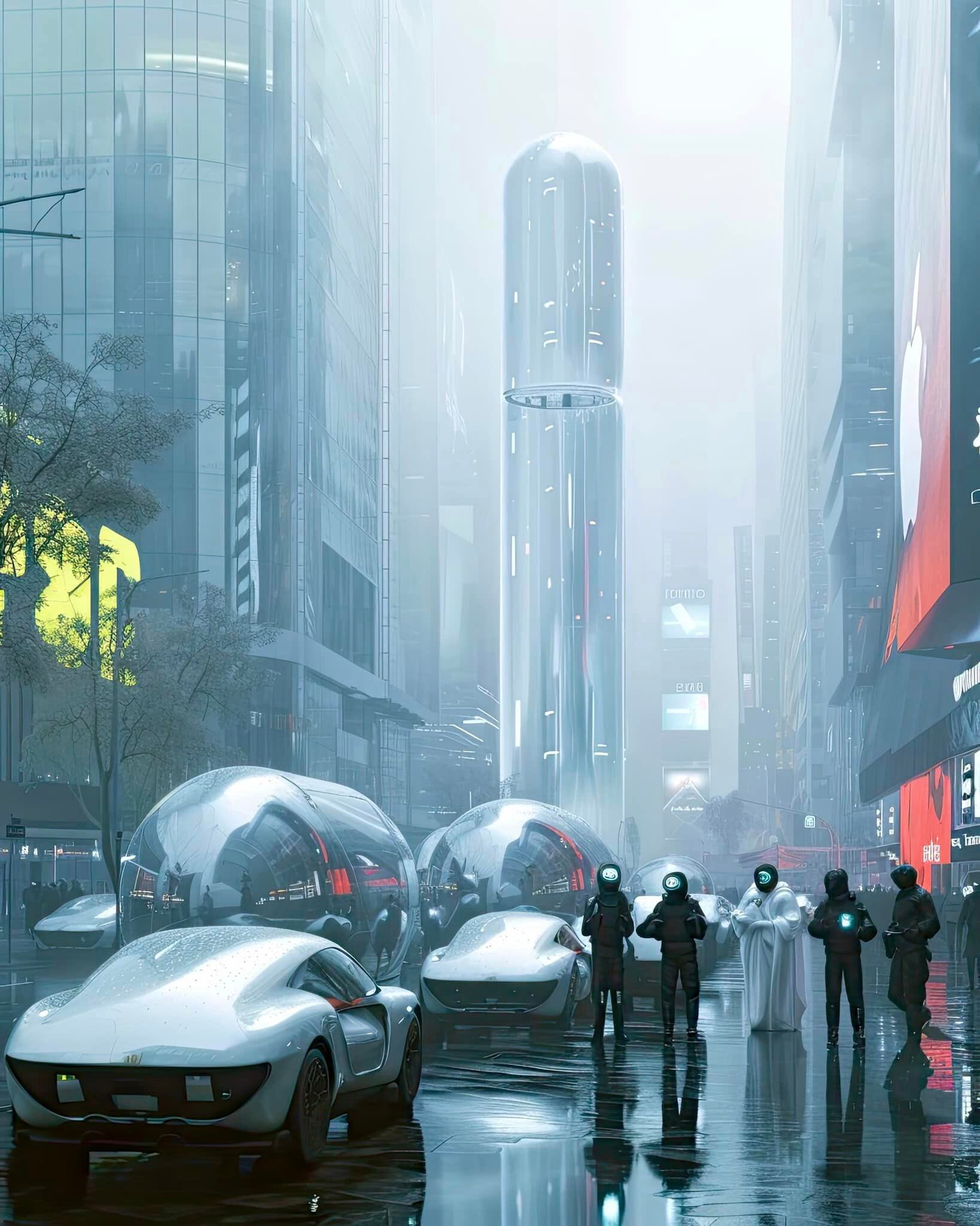 Las calles con los carros futuristas y lentes de realidad virtual según una IA
