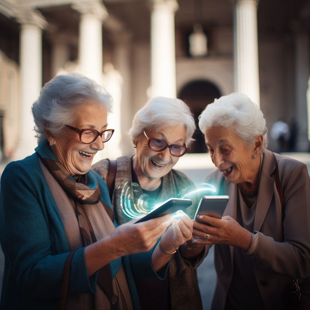 Mujeres de la tercera edad en Roma, Italia en el futuro 2050 compartiendo datos a través de redes virtuales.