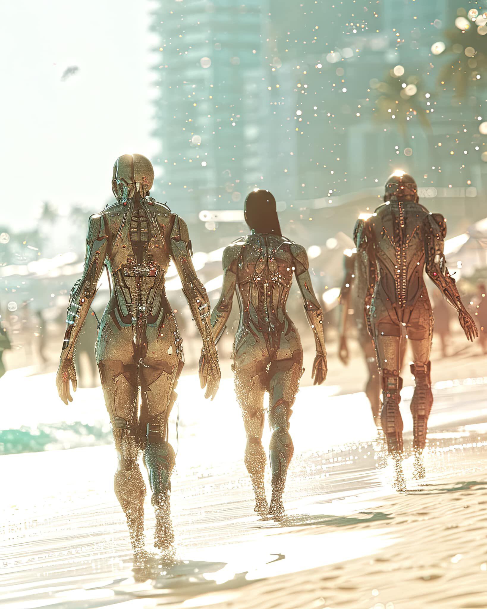 Las figuras humanoides en simbiosis con lo robótico en una playa