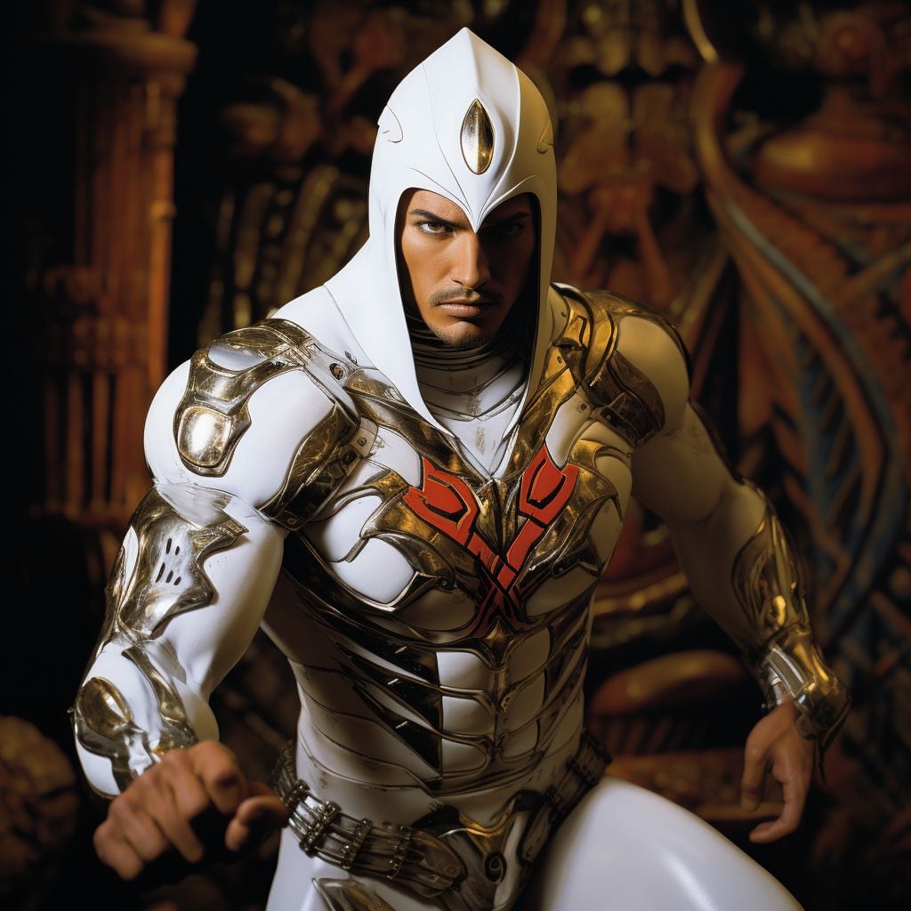 Kalimán siempre viste de blanco y utiliza una diadema con una gema que le otorga protección mental.