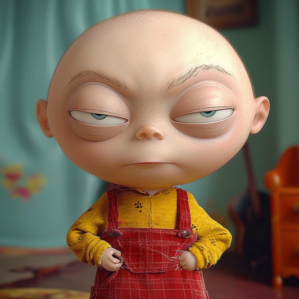 Retrato de Stewie Griffin: El hijo menor de la familia Griffin, Stewie, destaca por su cabeza con forma de pelota de rugby y su atuendo único en Padre de familia.