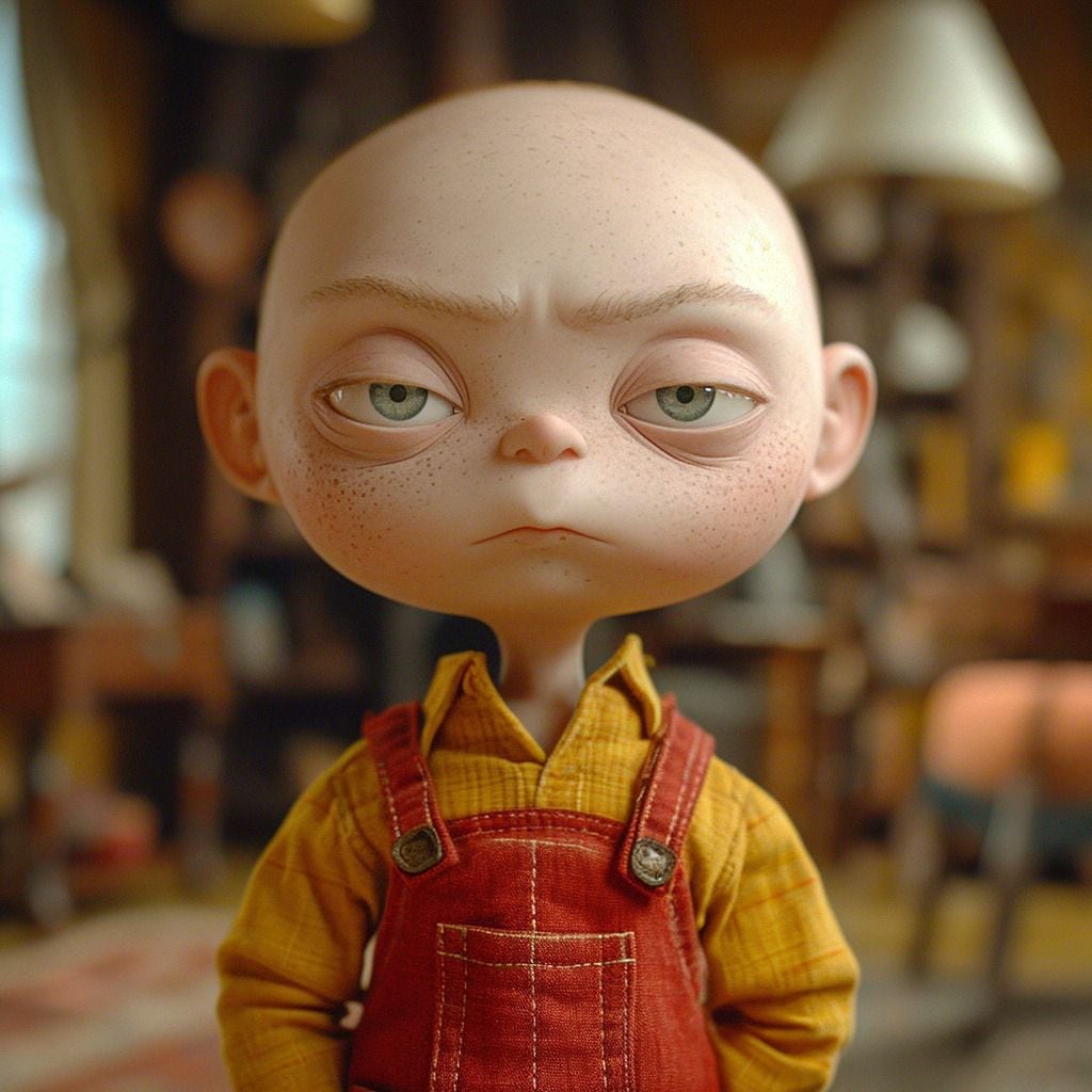 Cabello escaso: a diferencia de otros niños de su edad, Stewie parece no tener pelo, con solo nueve pelos en toda su cabeza.