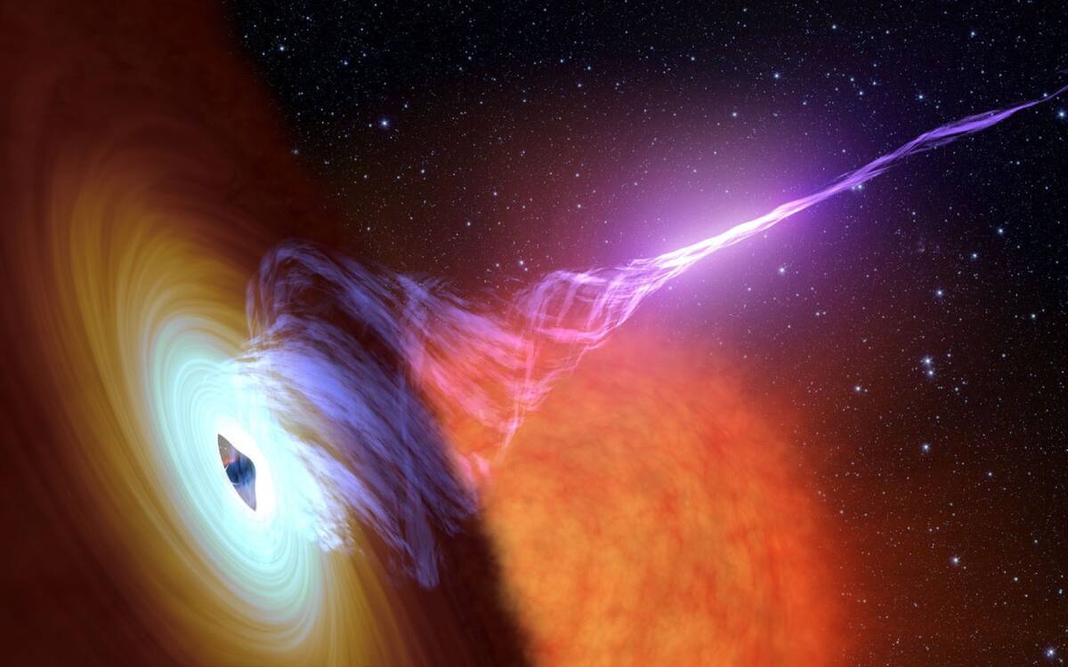 Una imagen muestra un agujero negro lanzando un gran chorro de radiación. Una investigación reciente sugiere que las ondas gravitacionales liberadas por los agujeros negros podrían formar 'láseres gravitacionales' en ciertas condiciones adecuadas. (Crédito de la imagen: NASA/JPL-Caltech)