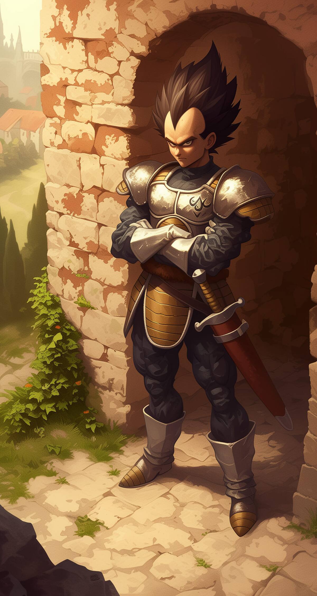 Vegeta como guardia real de la época medieval