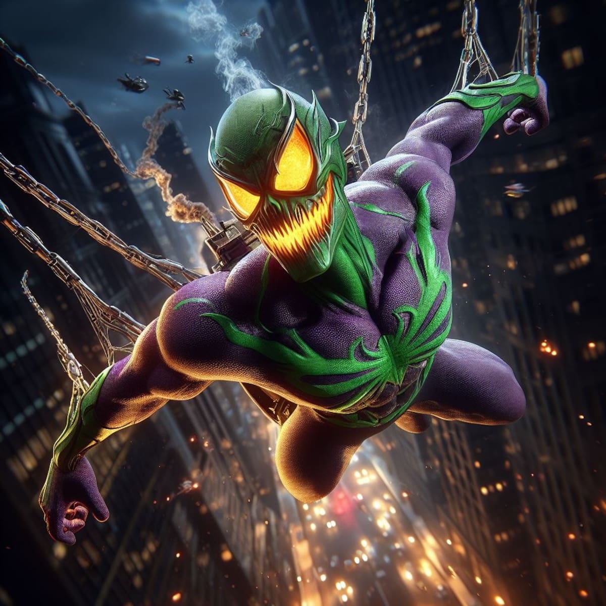Spiderman y el Duende Verde en fusión con sus telarañas..│ Crédito Supernal Studios