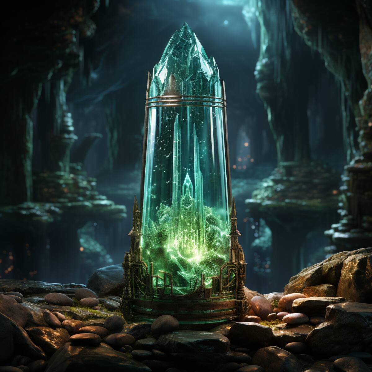 En una cueva oscura y mística, el primer Jedi selecciona un cristal Kyber entre bioluminiscentes destellos, forjando el primer sable de luz con detalles deslumbrantes y reflejos en su mirada.