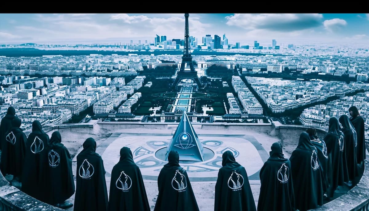 Los miembros de los illuminatis se reúnen en el centro de una pirámide para controlarlo todo.