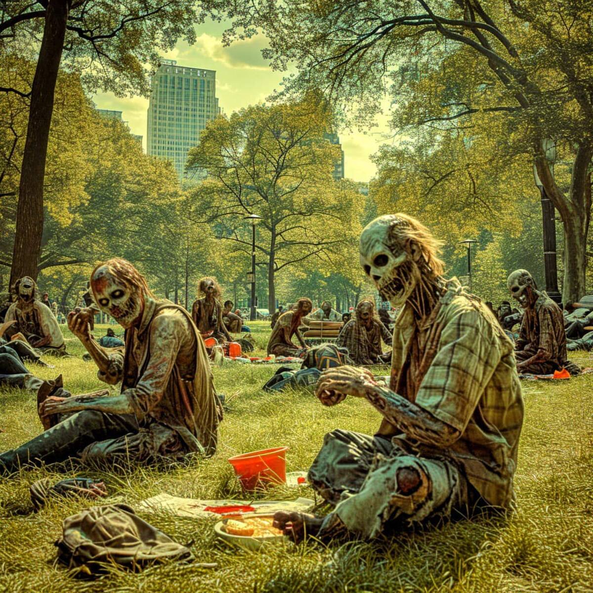 Descubre cómo la inteligencia artificial visualiza a los zombies llevando a cabo actividades cotidianas.