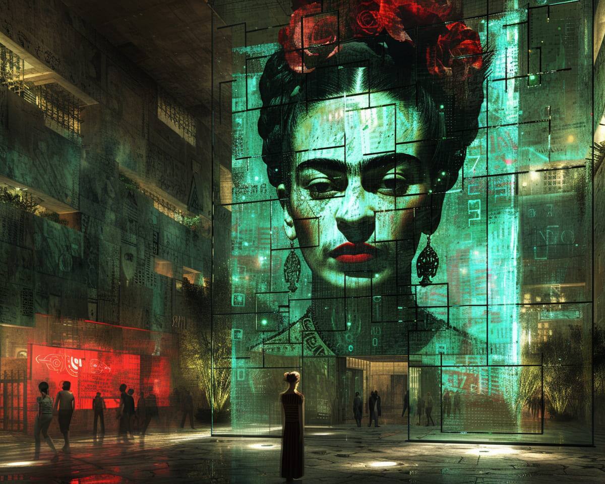 Frida Khalo en un retrato holográfico cyberpunk