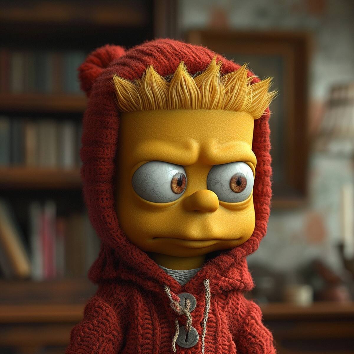 La autenticidad en primer plano: La inteligencia artificial logra una representación detallada de Bart Simpson incluso en primer cuadro, resaltando cada rasgo que define al personaje de manera impresionante.