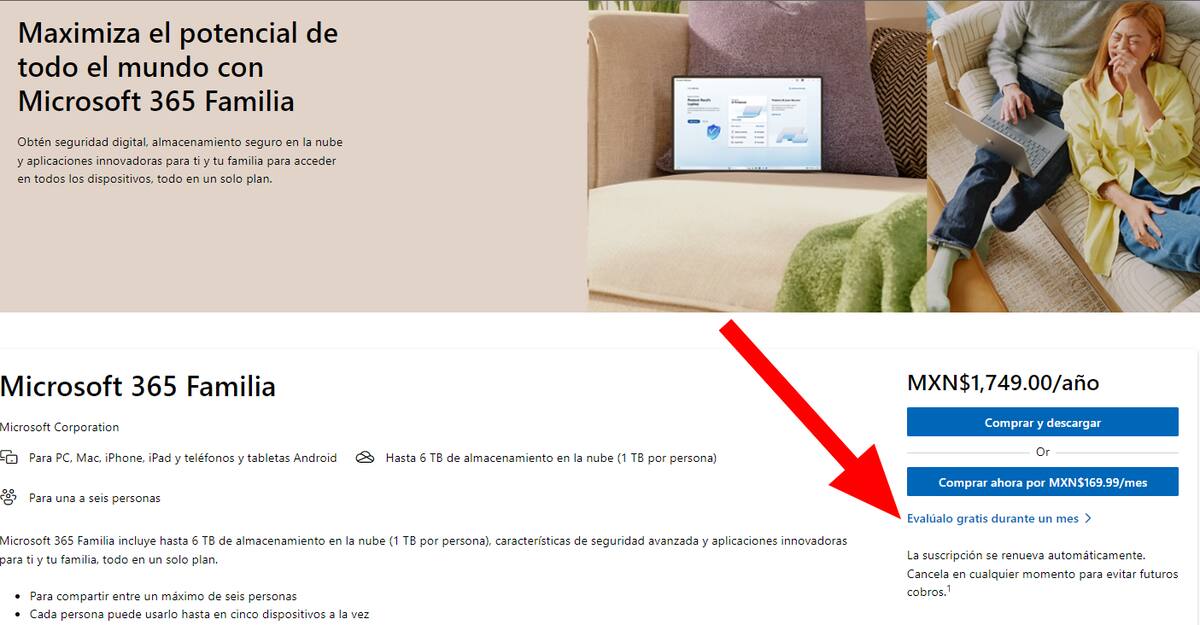 Si necesitas utilizar algún programa de Microsoft Office con urgencia, intenta probar un mes de prueba gratis seleccionando la suscripción de plan familiar.