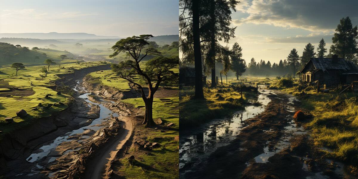 "Un paisaje rural donde la naturaleza reclama su territorio, con contaminación descontrolada y deforestación que alteran el antes idílico campo. Ríos y lagos afectados por la contaminación, transformándose en peligros ambientales, y muestra el impacto en la vida silvestre y los ecosistemas. La ausencia de medidas de conservación con contrastes visuales marcados entre áreas exuberantes e intocadas y extensiones industriales y estériles".
