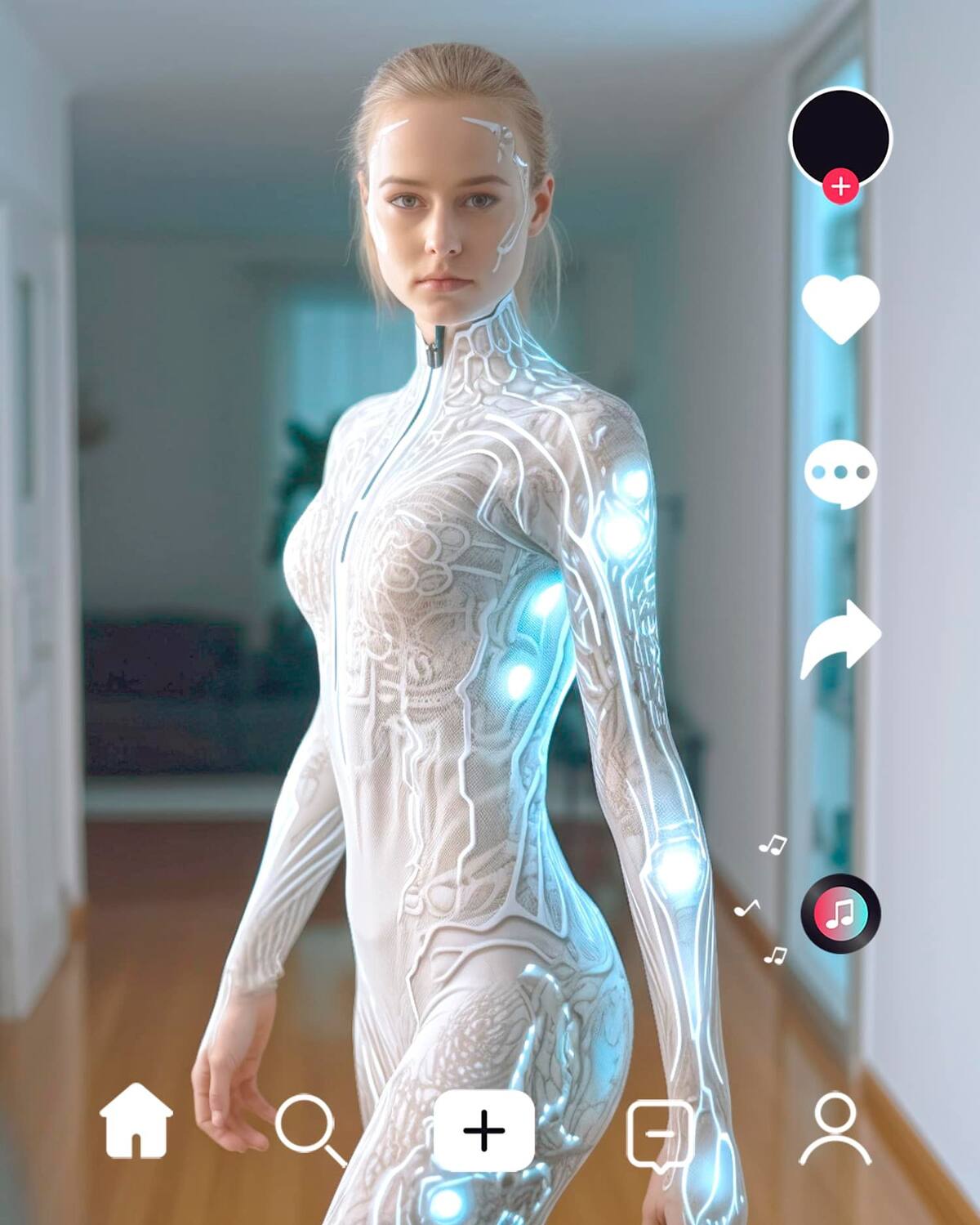 Trajes holográficos según una inteligencia artificial en el futuro de las redes sociales.