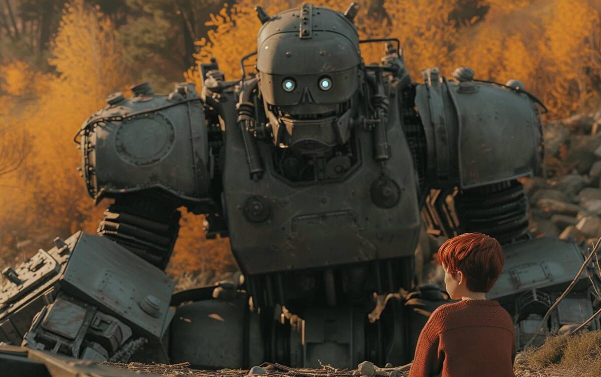 El gigante de hierro junto con Hogarth Hughesen live action según una IA