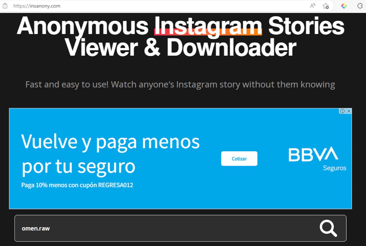 Captura de pantalla de la página Insanony que te permite ver historias sin que nadie se de cuenta