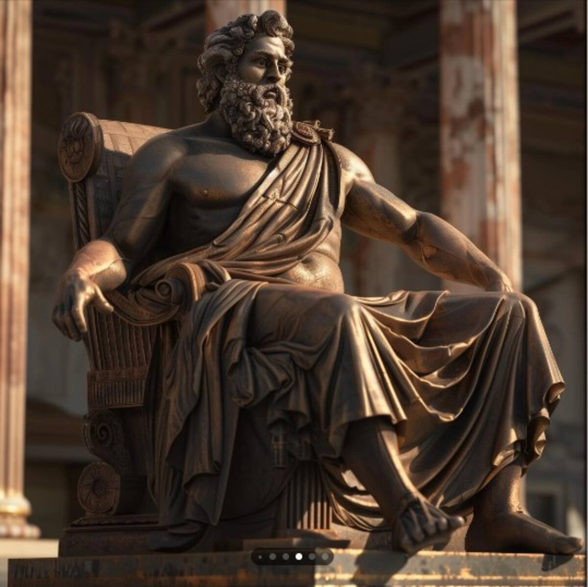 La Estatua de Zeus en Olimpia: Una colosal estatua de oro y marfil del dios Zeus, creada por el famoso escultor Fidias, ubicada en el santuario de Olimpia, Grecia, hoy perdida en la historia.
