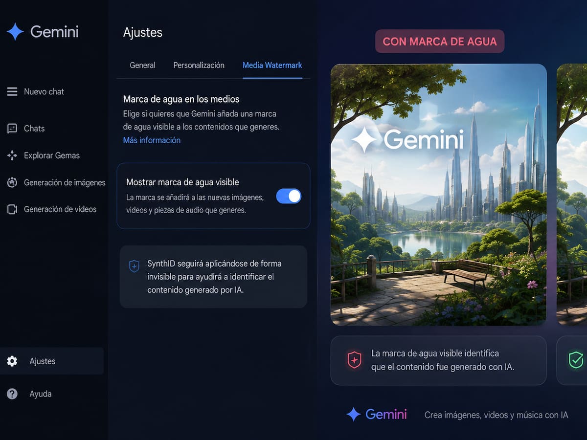 Gemini ahora ofrece la opción de eliminar su marca de agua visible en imágenes, videos y música, aunque esta función no está disponible para todos los usuarios