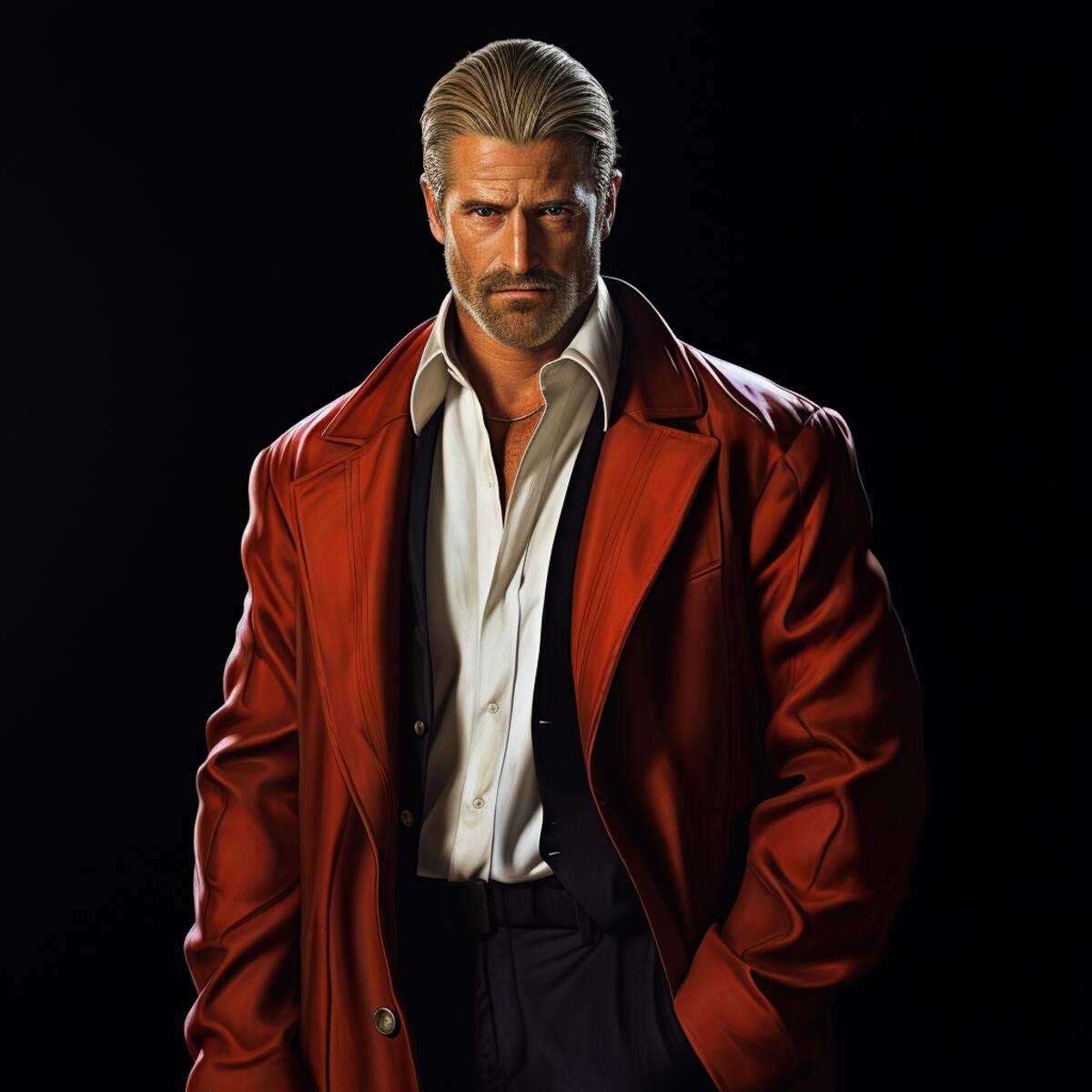 El diseño de Rugal está influenciado por el estilo del famoso espía James Bond. Su traje negro elegante, combinado con una actitud fría y calculadora, le otorga un aire de villano clásico y sofisticado.