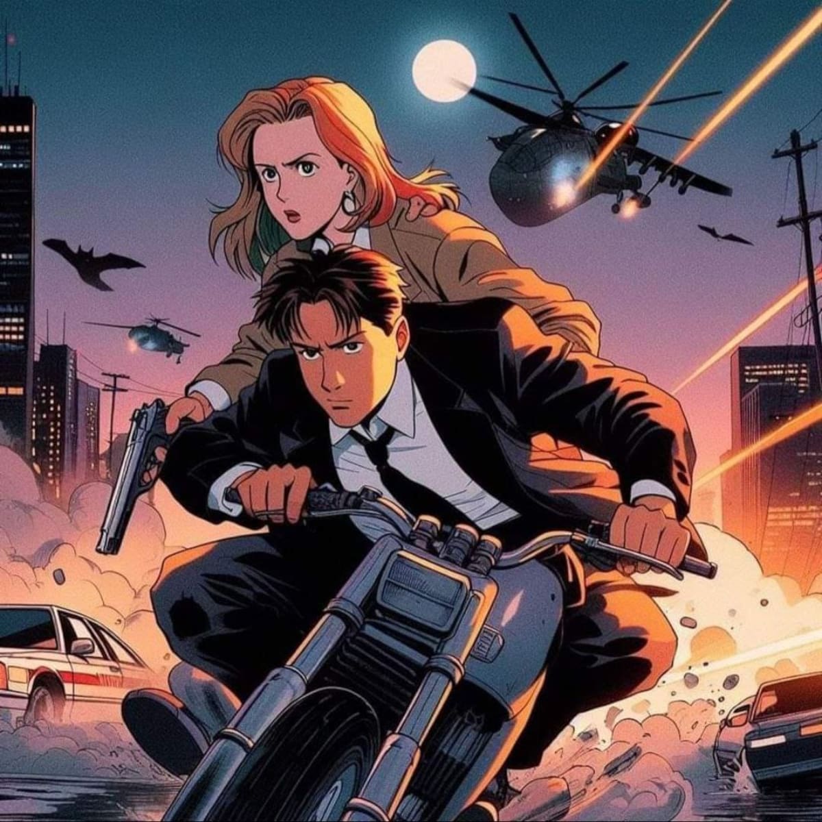 La IA agregó tonos en chiaroscuro en esta imagen de Mulder y Scully de gran dramatismo, una escena cinematográfica que parece salida de una película de la serie.
