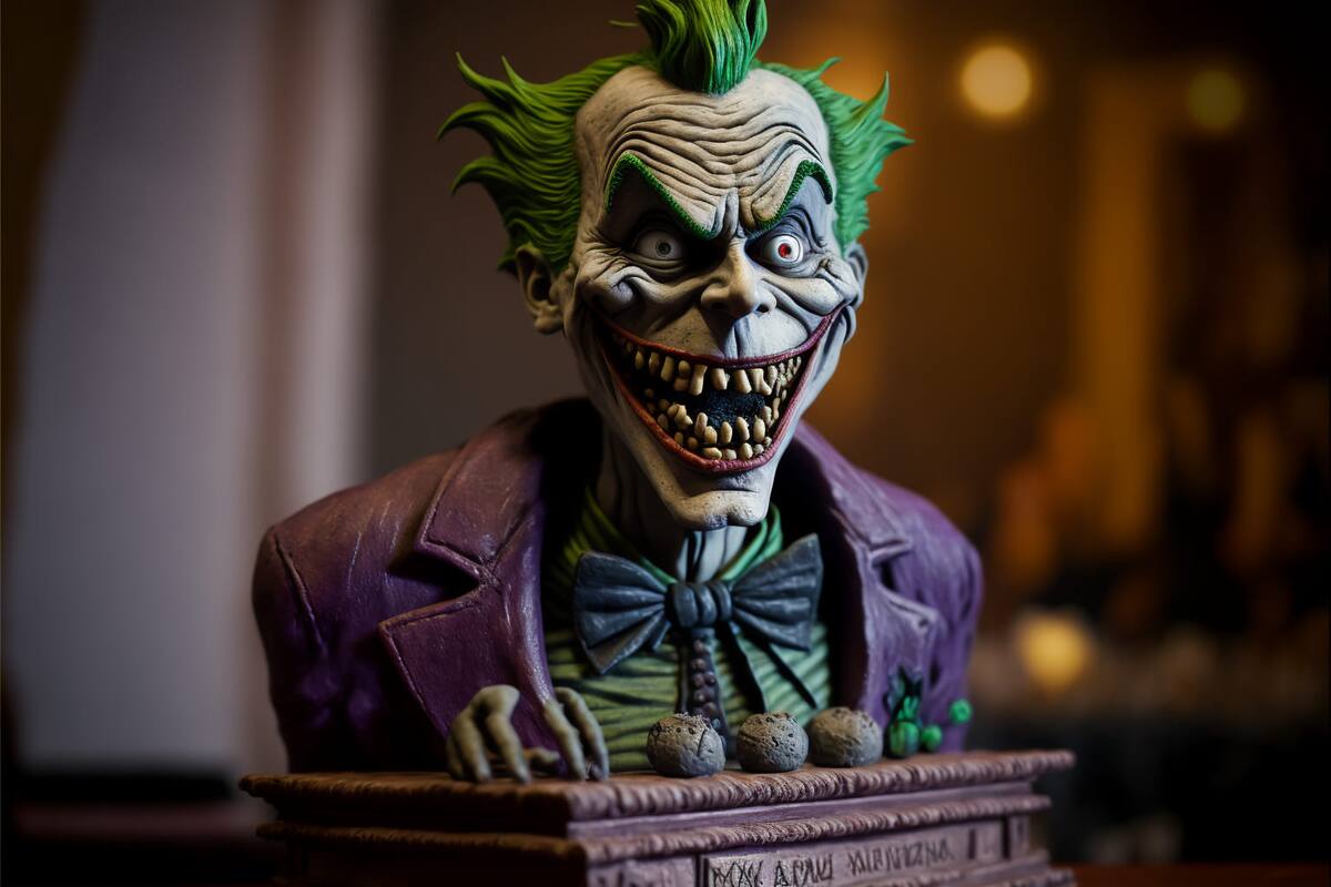 "En el juego de la locura, el Joker pinta sonrisas en el lienzo animado por inteligencia artificial, desafiando a Batman con carcajadas virtuales."