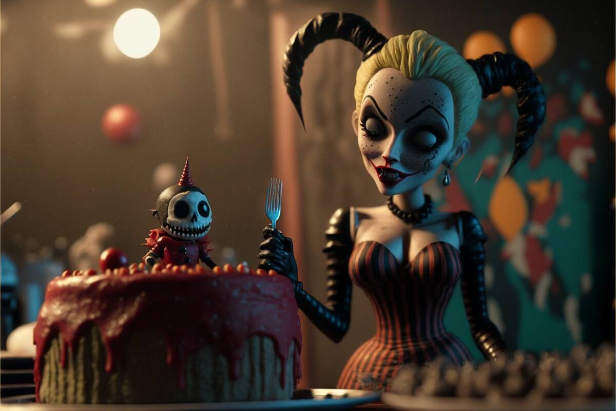 "Harley Quinn, la musa del caos, danza en el escenario animado por la inteligencia artificial, desatando risas digitales y desorden."