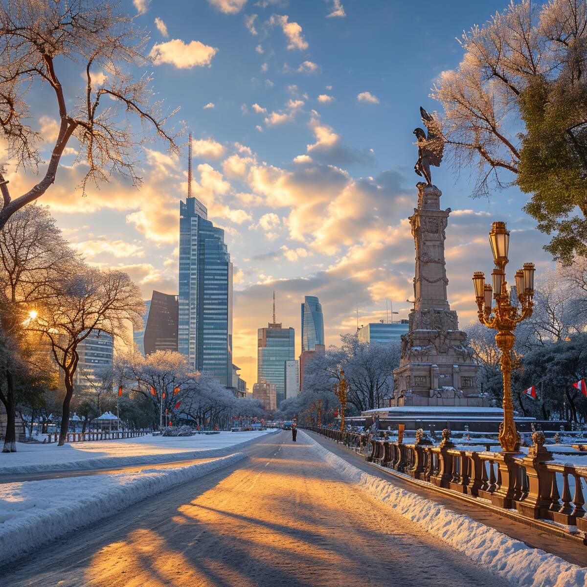 Un cautivador juego de luces y sombras mientras las luces urbanas se reflejan en las fachadas congeladas de Paseo de la Reforma, convirtiendo el entorno urbano en un espectáculo helado cautivador.