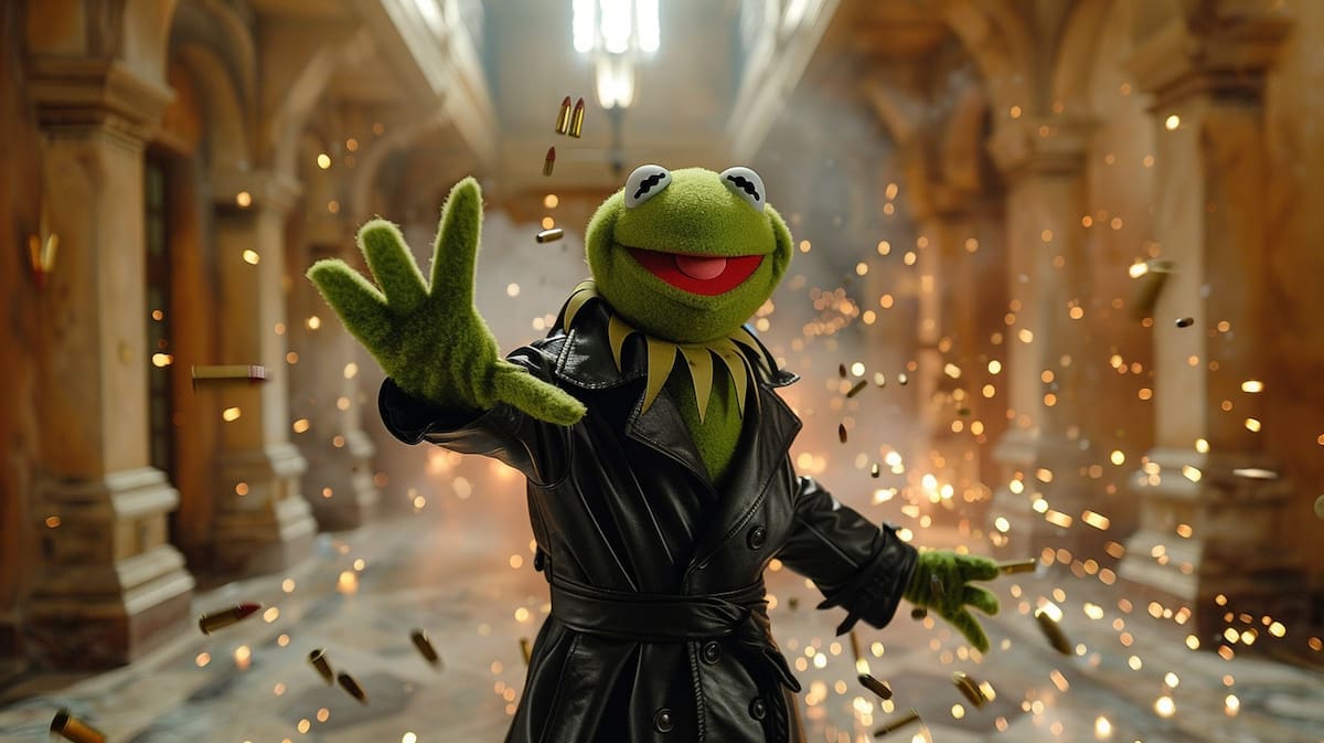 La Rana Pepe como Neo deteniendo balas según una IA