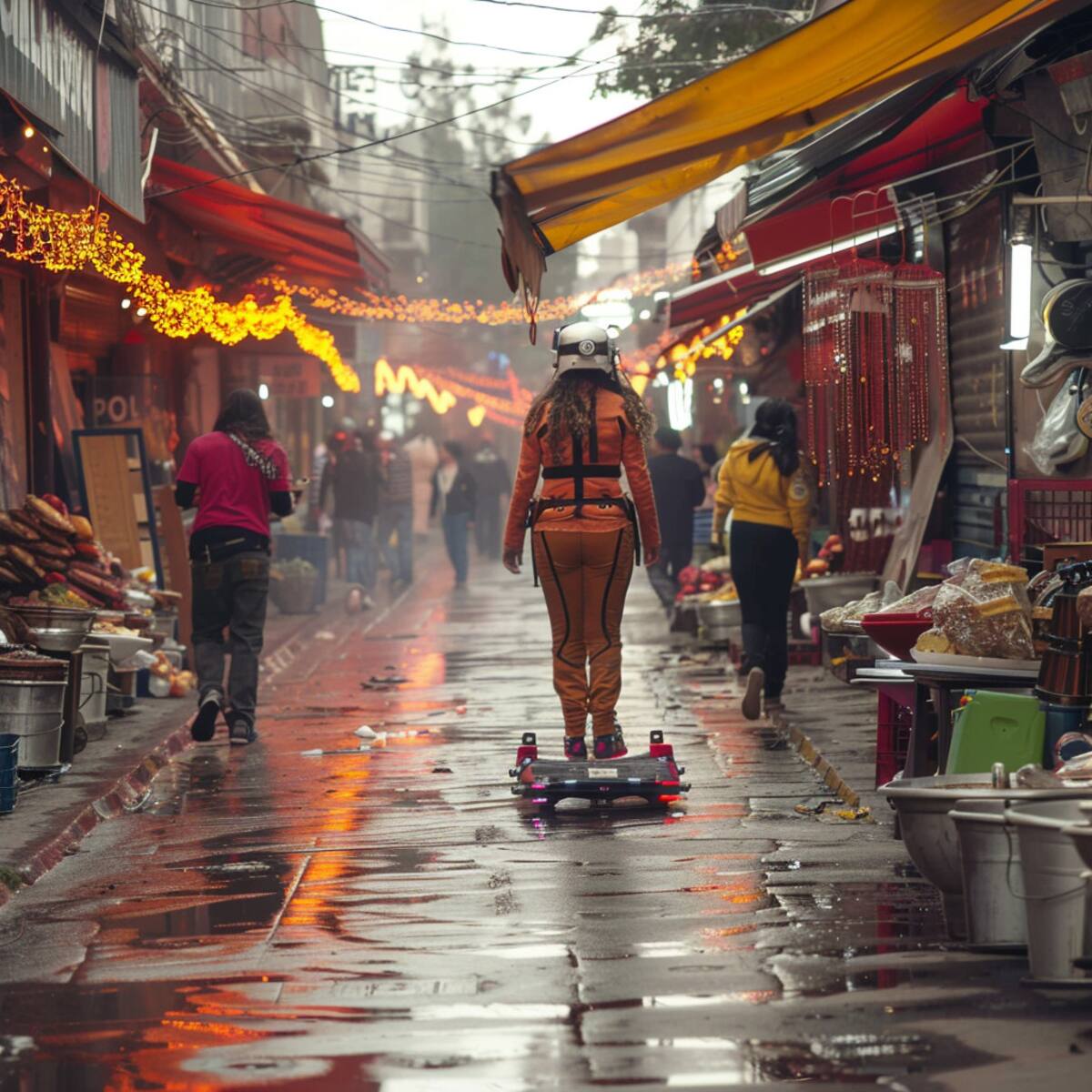 Mujer en su patineta futurista de Teppito