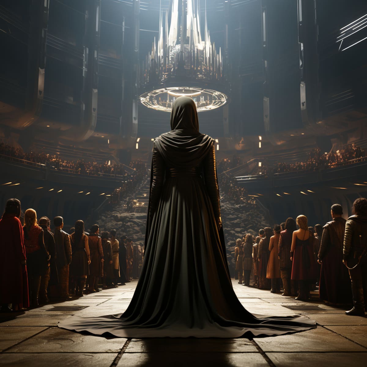 En los salones grandiosos de la Orden Jedi, la intriga política se desata, con confrontaciones dramáticas entre Jedi. Expresiones faciales realistas y movimientos dinámicos de cámara aumentan la tensión.