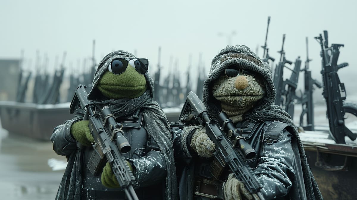 La Rana Pepe como Neo deteniendo balas según una IA