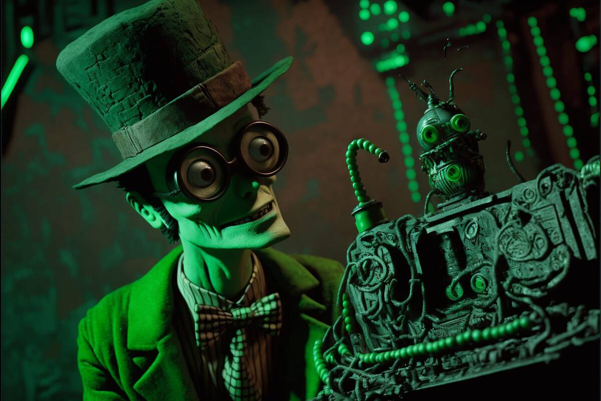 "Riddler plantea enigmas ingeniosos mientras Batman lucha en un universo de inteligencia artificial y caricatura, desafiando la realidad animada."