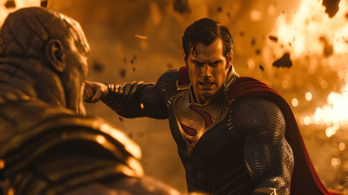 scenes of henry cavill as superman fighting with Thanos , cinematic, David Fincher photography style, 8k --ar 16:9 --style raw --v 6 Job ID: 672bbb7d-6e3d-4566-85ce-c0fda3b365a2