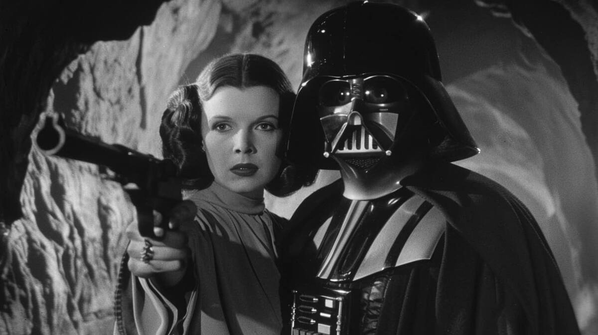 Leia y DArth Vader en estilo noir según una IA