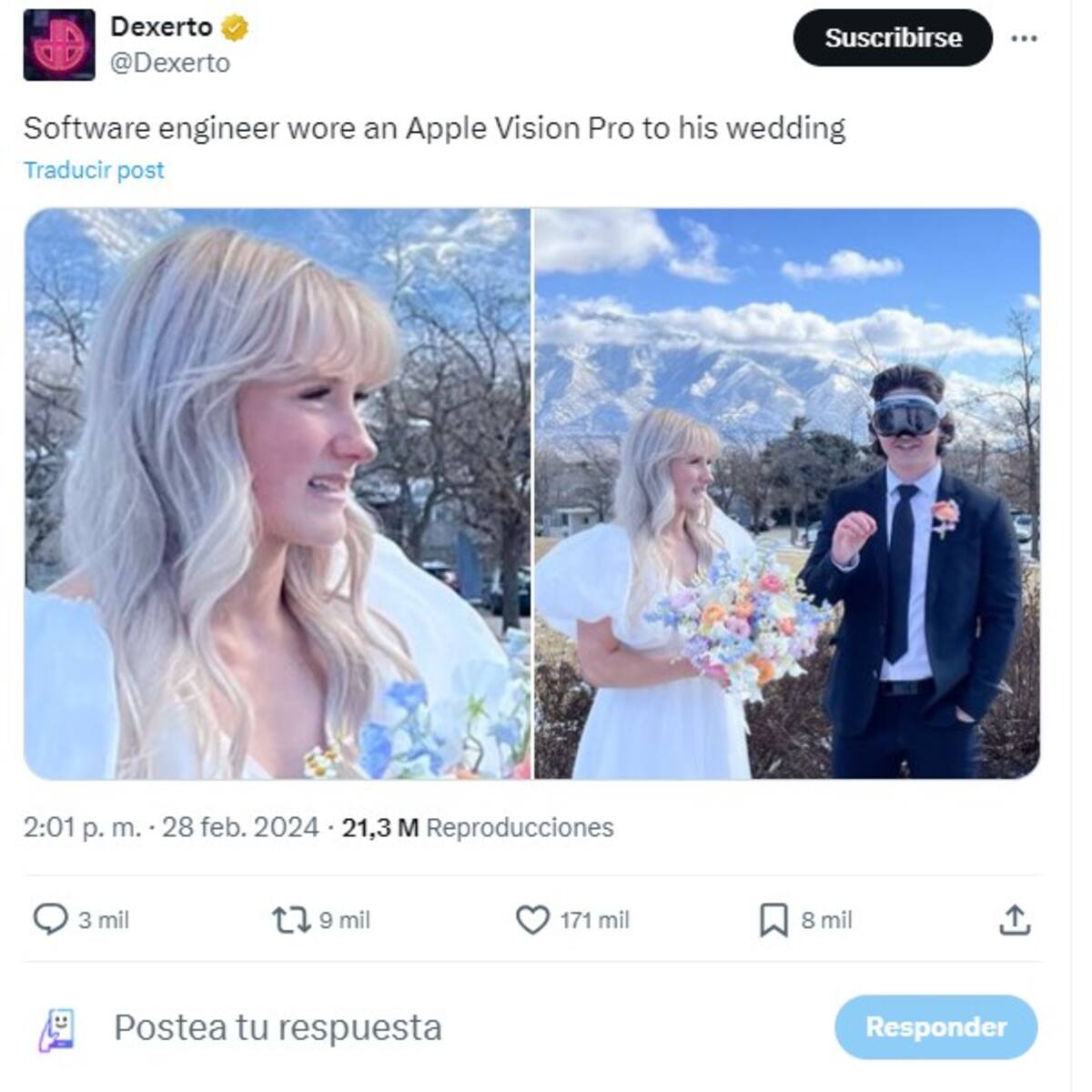 A pesar de que en las fotos la novia luce molesta, ésta declaró haberse divertido con la ocurrencia de su prometido. Fuente: Captura de pantalla de Twitter.