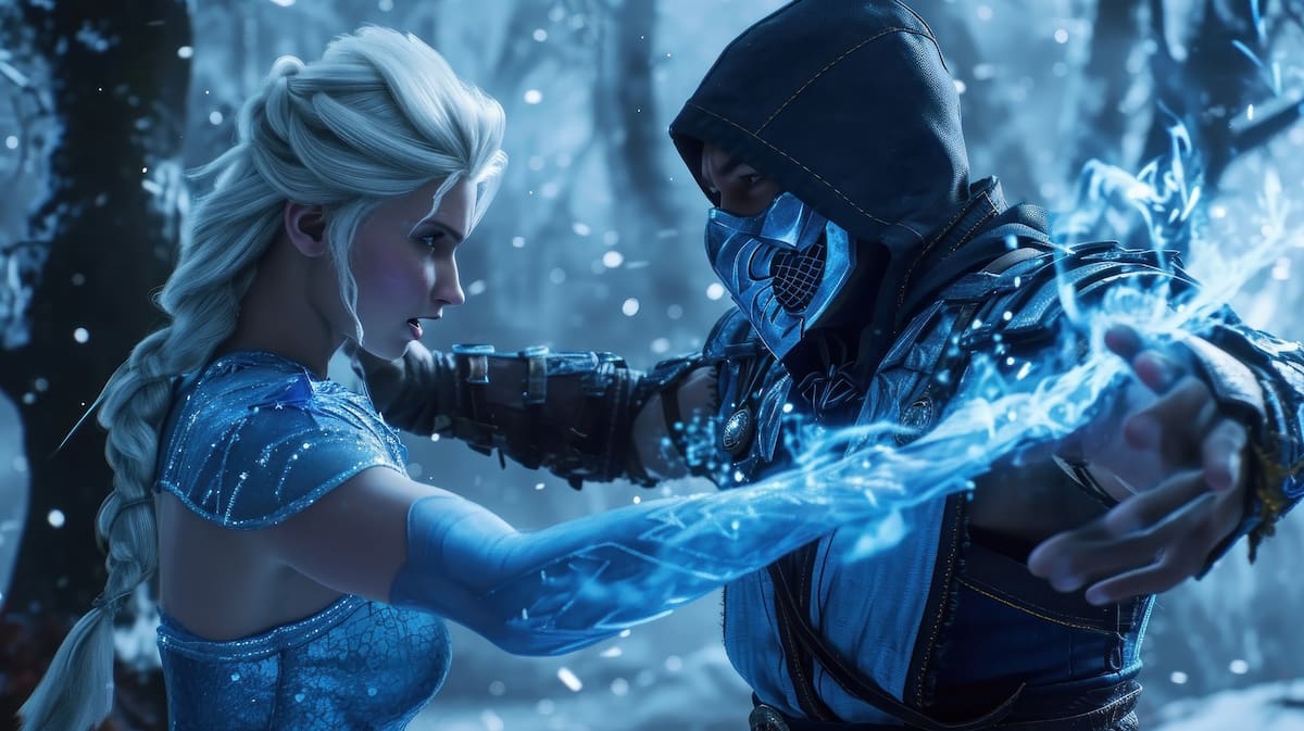 Blu-ray screengrab 32k a picture scene Elsa from Frozen fighting with Sub-zero from Mortal Kombat Unreal Engine 5 --ar 16:9 --v 6 Job ID: 4e52ea0a-a1cf-4e80-8e03-76641cb7465e