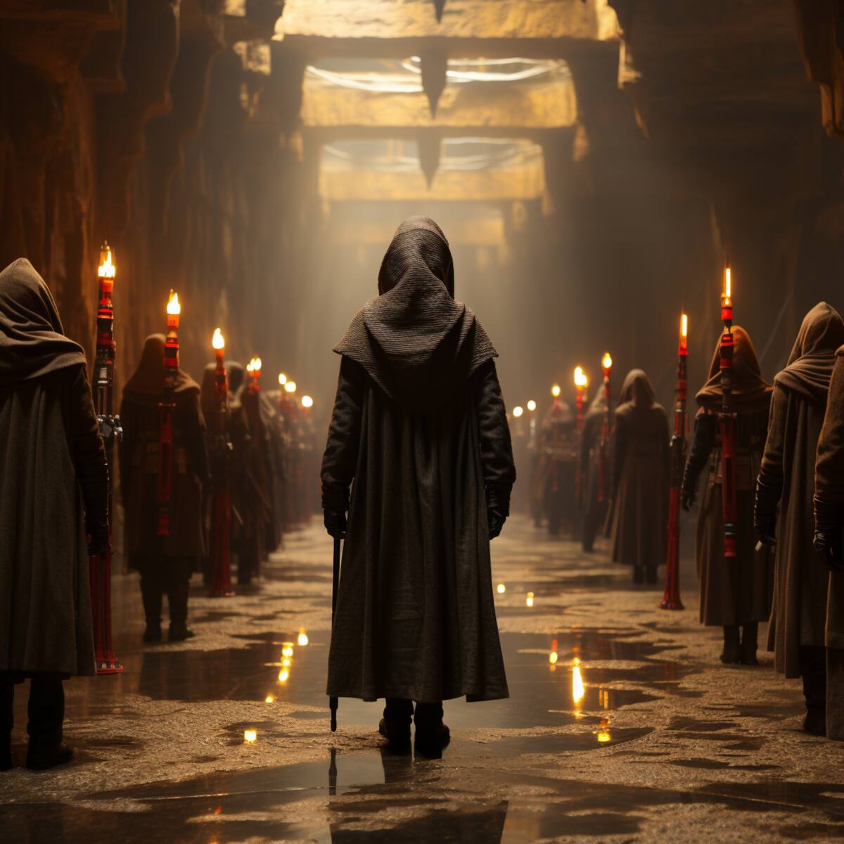 En los salones grandiosos de la Orden Jedi, la intriga política se desata, con confrontaciones dramáticas entre Jedi. Expresiones faciales realistas y movimientos dinámicos de cámara aumentan la tensión.