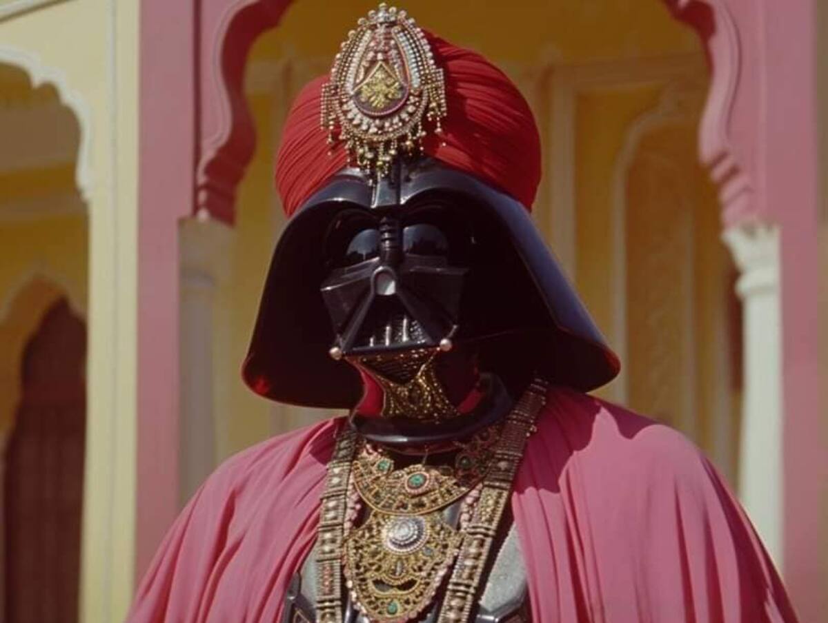 Darth Vader, aunque conserva su icónico casco, en esta Star Wars de la India también porta un vestuario digno de un sultán.