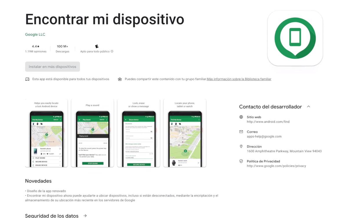 La opción de "Encontrar mi Dispositivo" se puede activar por medio de la Aplicación disponible de forma gratuita en la Google Play Store. Foto: Captura de pantalla.