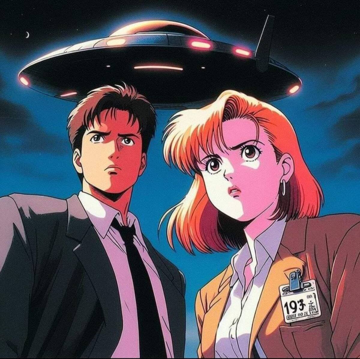 En esta imagen se aprecia la fusión entre el enigma extraterrestre de la serie con una estética de anime noventero.