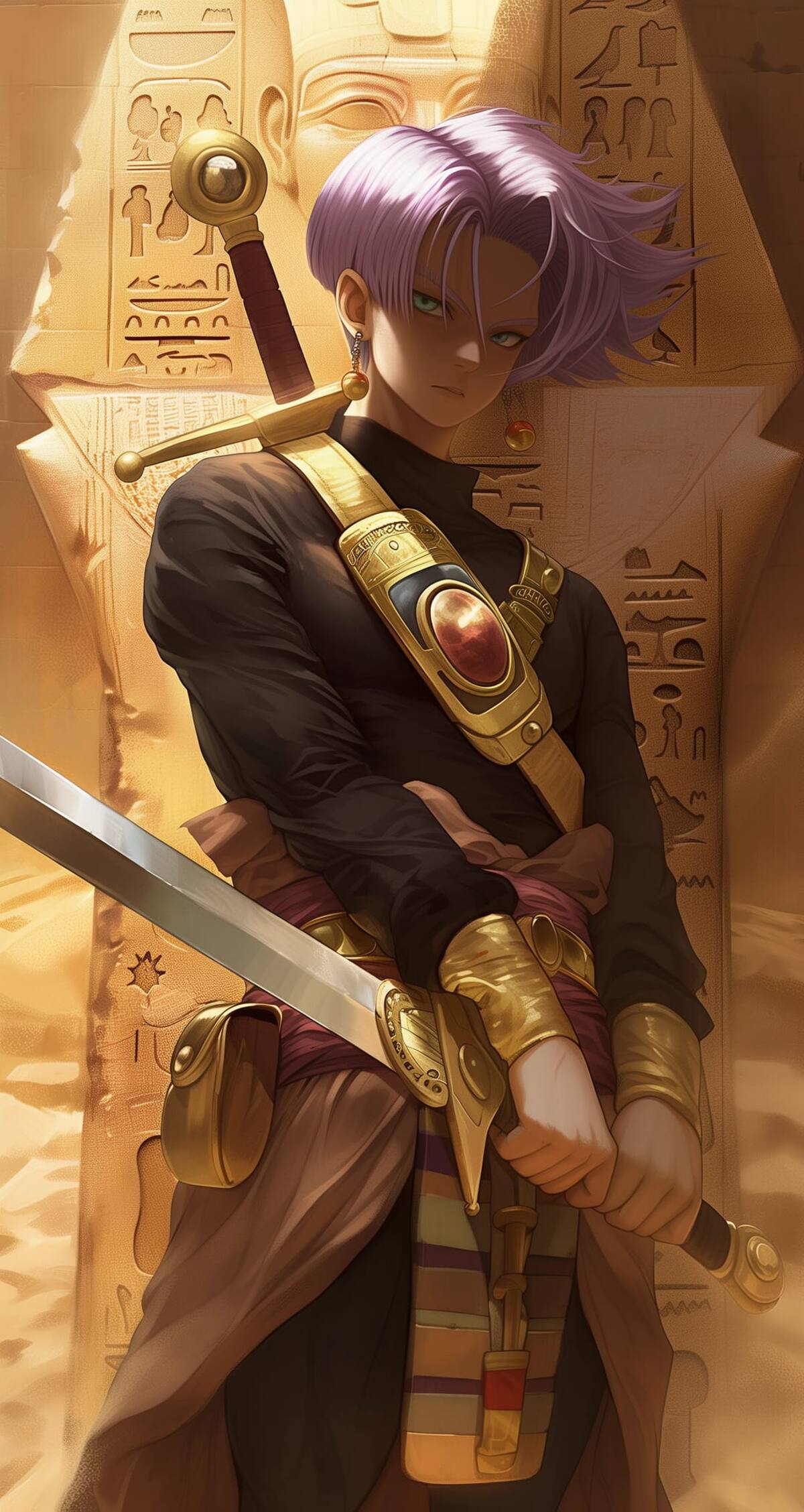 Trunks porta su espada, al igual que su contraparte en el anime.