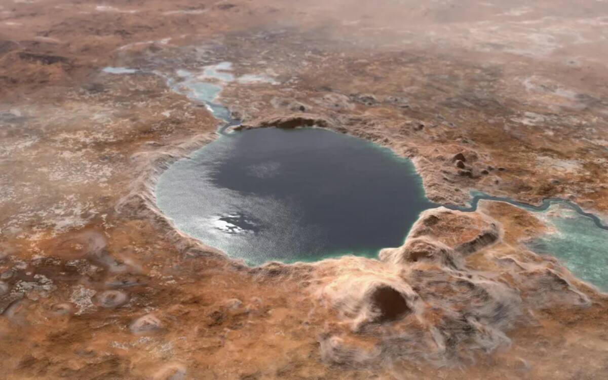 Hace miles de millones de años, el cráter Jezero en Marte, actual sitio de aterrizaje del rover Perseverance, pudo haber sido un lago propicio para la vida. En una ilustración de la NASA, se visualiza cómo este paisaje marciano pudo haber albergado condiciones similares a las de la Tierra antigua, ofreciendo un fascinante vistazo al pasado potencialmente habitable del Planeta Rojo. Fuente: NASA-JPL/Caltech